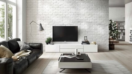 Modern Monochrome Living Room with White Brick Wall AI Generated.