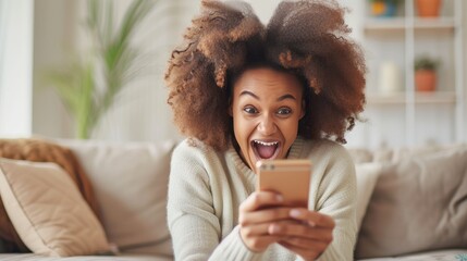 Ecstatic African American Woman Excited by Phone News.