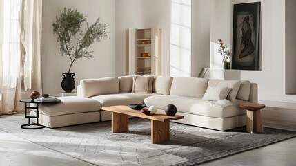 Contemporary Living Room with Beige Sectional Sofa AI Generated