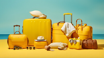 Travel Bags and Summer Accessories on Vibrant Yellow Background.