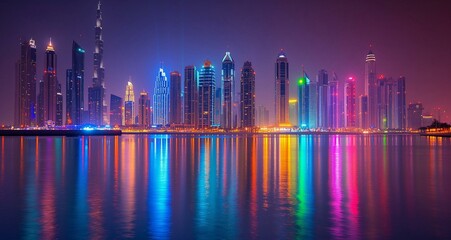 Fototapeta na wymiar Dubai City Skyline Reflecting on Water at Night with Vibrant Lights