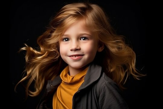 Portrait of a cute little girl with long blond hair over black background.