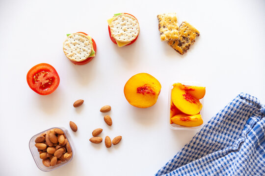 food laid out for a healthy snack on a white bench
