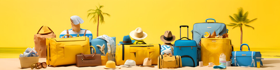 Travel Bags and Summer Accessories on Vibrant Yellow Background.