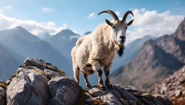 Ultra-detailed picture, 8K, rugged mountain landscape, close-up of a nimble mountain goat perched on a rocky ledge, its surefootedness and agility captured in exquisite detail. generative AI