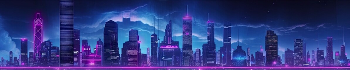 Sci-fi futuristic neon city skyline. Fantastic night view of skyscrapers.