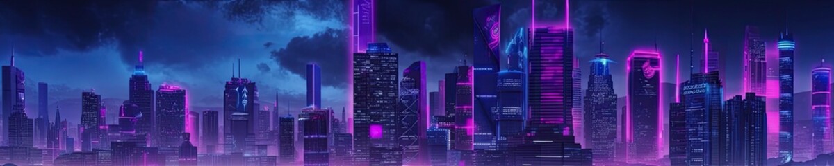 Sci-fi futuristic neon city skyline. Fantastic night view of skyscrapers.