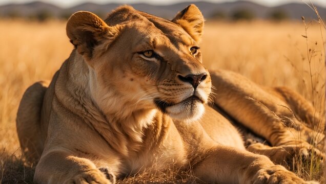 High-quality image, 8K, serene savanna scene, close-up of a majestic lioness basking in the warm African sun, her golden fur glowing against the backdrop of the vast grasslands. generative AI