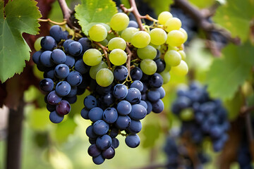 Close up of grapes hanging on branch. Hanging grapes. Grape farming. Grapes farm. Tasty green grape bunches hanging on branch. Grapes