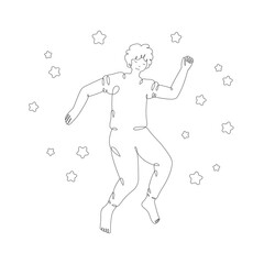 Sleeping boy with stars, top view, isolated line art illustration - 738606198