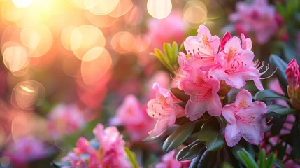  Beautiful bright background of a summer garden with a flowering pink rhododendron bush © olegganko