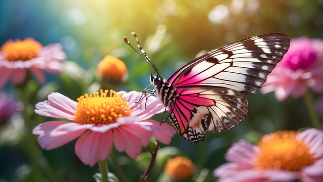 High-resolution image, 8K, serene garden setting, close-up of a colorful butterfly alighting on a vibrant flower, its delicate wings shimmering in the soft morning light, perfect focus. generative AI