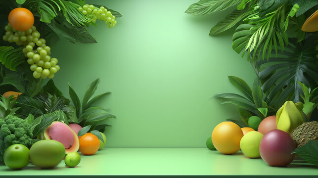 Green photo frame filled with fruits and nature.