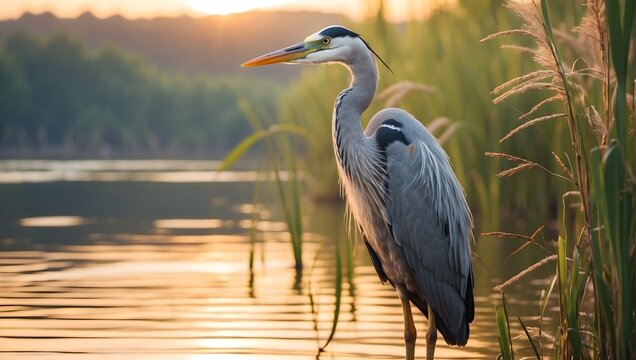 High-detail image, 8K, serene lakeside setting, close-up of a elegant heron standing gracefully amidst reeds, bathed in the soft light of dawn, with impeccable composition. generative AI