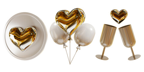 gold chrome valentines day elements 3d isolated white background coin balloons and glass with heart