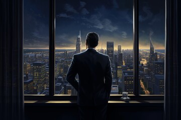 Businessman viewing twilight cityscape
