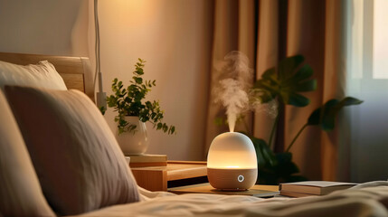 Aroma diffuser releasing steam for a calming bedroom atmosphere
