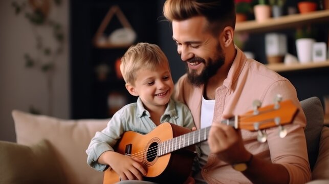 Boy learn the ukulele. Educational activities at home. Family lifestyles with children. Father teaching son. Male Student to Play ukulele In Music Lesson. Holiday, recreation, hobbies, music career