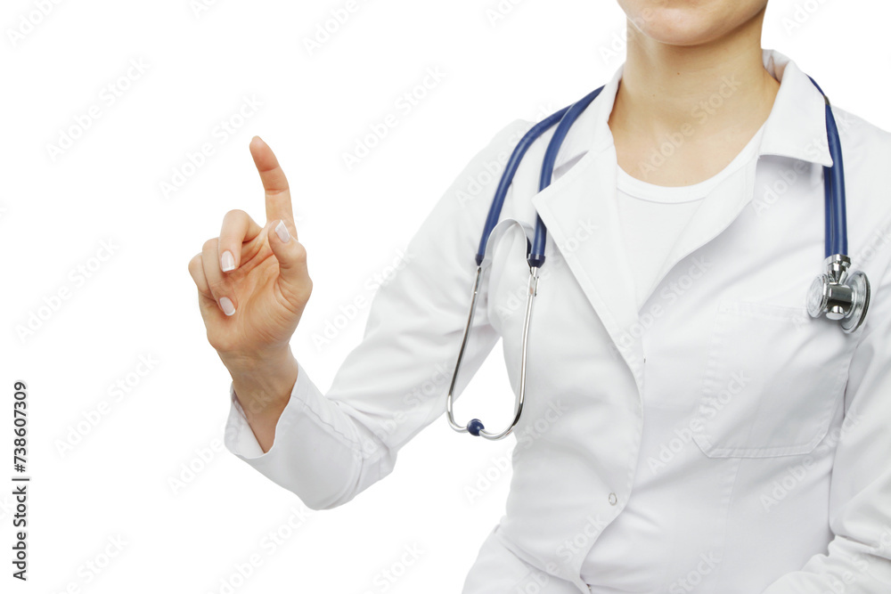 Poster healthcare professional pointing upwards, gesturing towards virtual interface