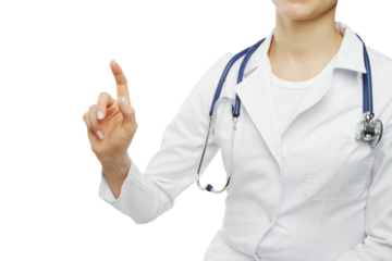 Healthcare professional pointing upwards, gesturing towards virtual interface