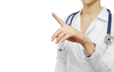 Female doctor in white lab coat pointing with finger, interactive concept