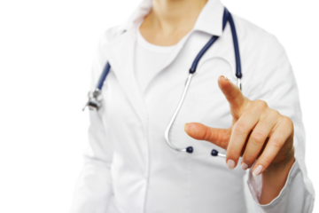 Doctor in white coat gesturing to touch a futuristic digital screen, healthcare concept