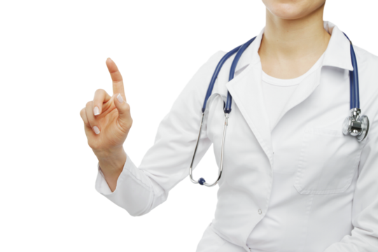 Healthcare professional pointing upwards, gesturing towards virtual interface