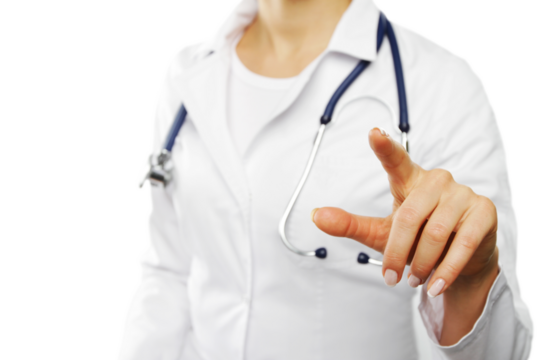 Doctor in white coat gesturing to touch a futuristic digital screen, healthcare concept