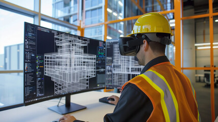 Fototapeta na wymiar Engineering Professional Using AI-Integrated Virtual Reality for design building.