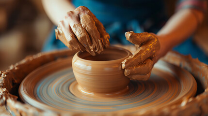 Hands of a Female Potter Shapes Clay on Spinning Wheel