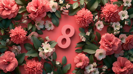 Number 8 with Various color flower and leaves background. generative ai