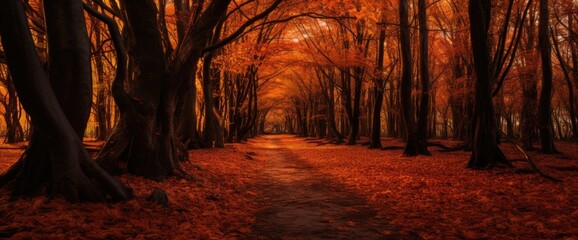 A picturesque autumn forest, ablaze with vibrant hues of red, orange, and gold. - obrazy, fototapety, plakaty