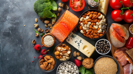 Top view of a protein-rich food assortment for a healthy lifestyle