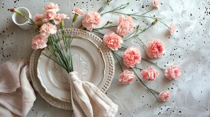 a table setting with a plate and napkin placed next to pink carnation flowers on a concrete table