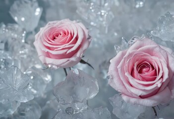 beautiful roses on a background of transparent ice, holiday congratulation card for a woman
