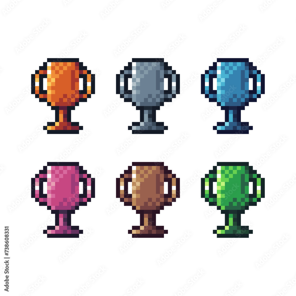 Poster pixel art sets icon of cup in variation color. 1st cup icon on pixelated style. 8bits perfect for ga