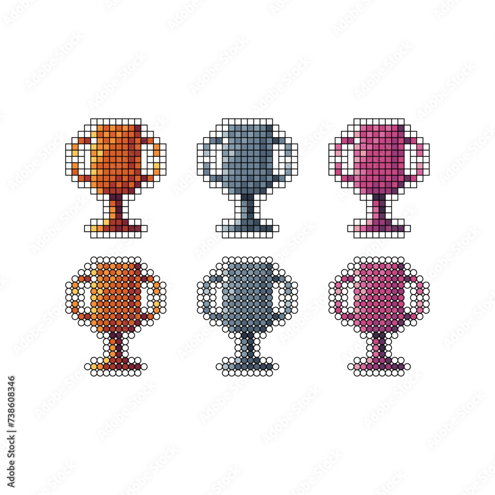 Poster pixel art stroke sets icon of cup in variation color. 1st cup icon on pixelated style. 8bits perfect