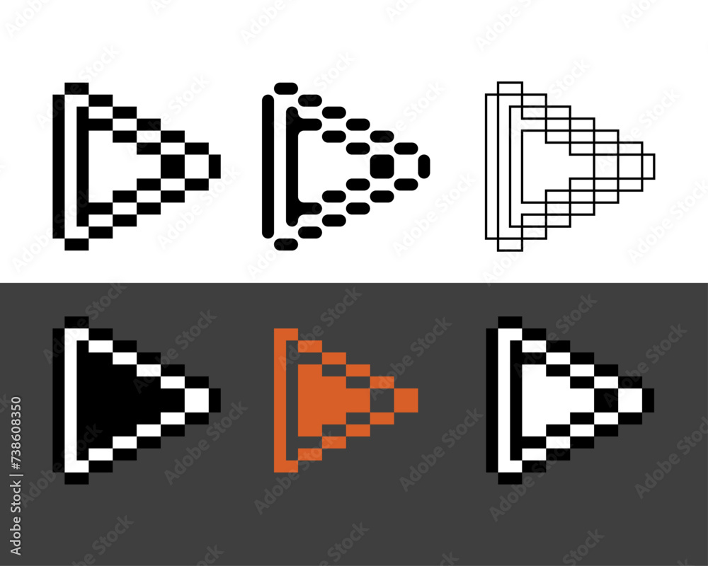 Poster pixel art outline set icon of play button in variation color.play button icon on pixelated style 8bi
