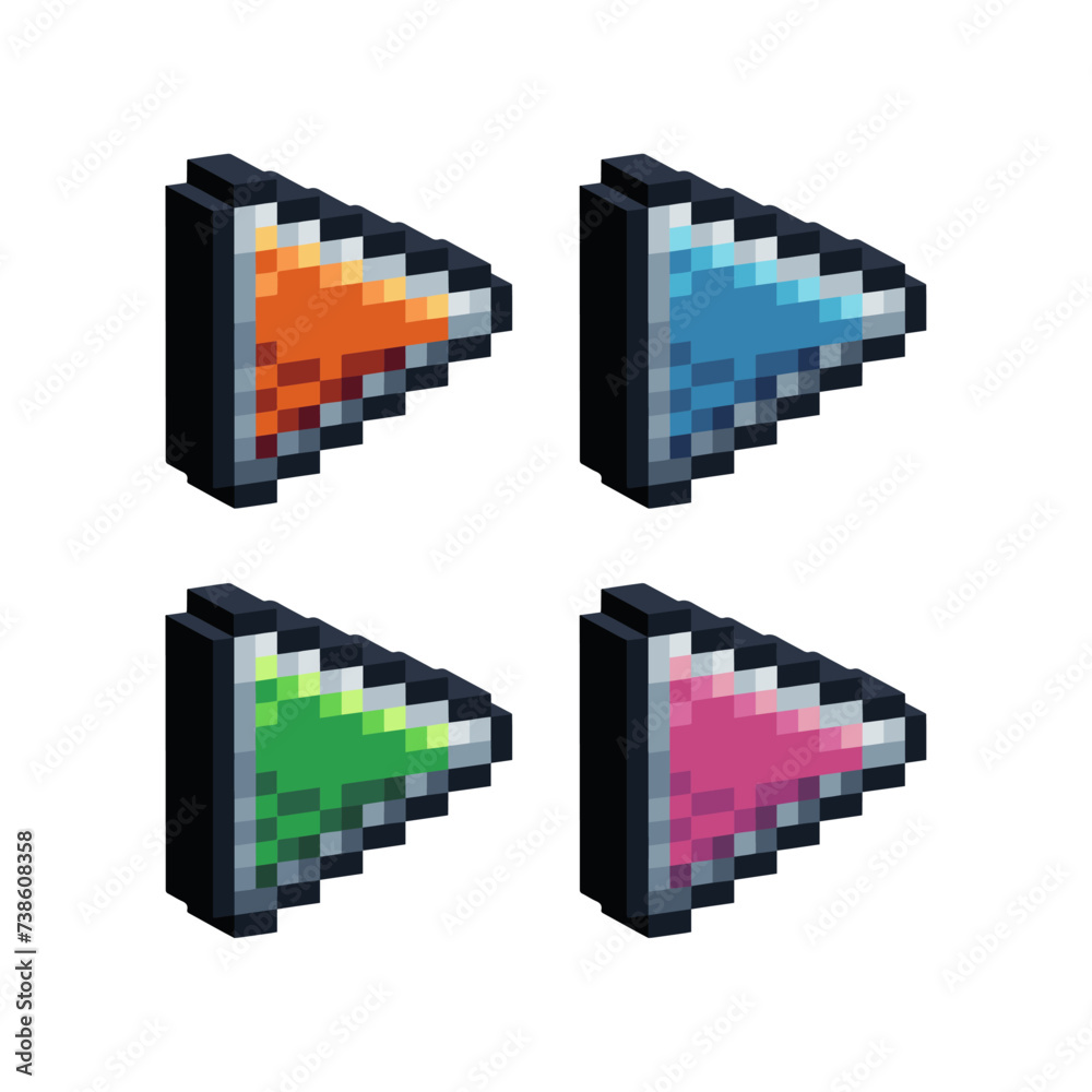 Poster isometric pixel art 3d of play button icon for items asset.play button icon on pixel bits style.8-bi