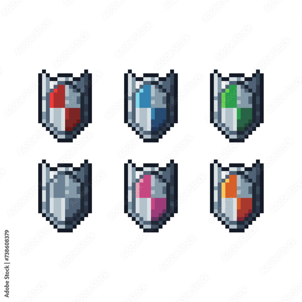Fototapete pixel art sets icon of shield in variation color. shield icon on pixelated style. 8bits perfect for 