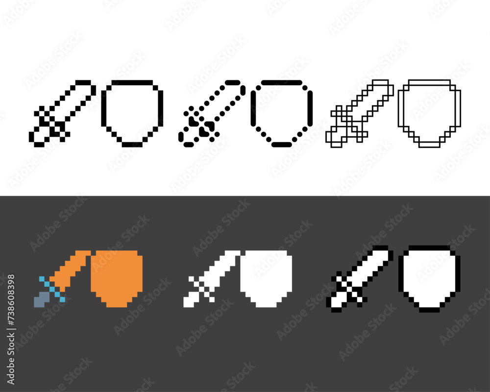 Poster pixel art outline sets icon of shield sword in variation color.weapons icon on pixelated style. 8bit