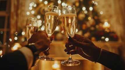 A close-up shot showcases champagne glasses as a group of elegantly dressed individuals celebrate