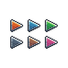 Pixel art sets icon of play button in variation color.Play button icon on pixelated style. 8bits perfect for game asset or design asset element for your game design. Simple pixel art icon asset.