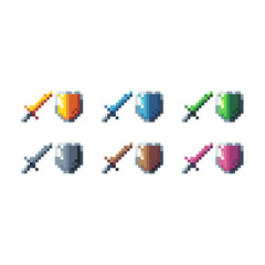 Pixel art sets icon of shield sword in variation color.weapons icon on pixelated style. 8bits perfect for game asset or design asset element for your game design. Simple pixel art icon asset.
