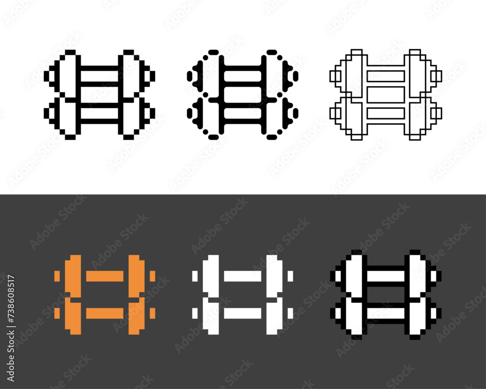 Poster pixel art outline sets icon of two barbell in variation color two barbell con on pixelated style. 8b