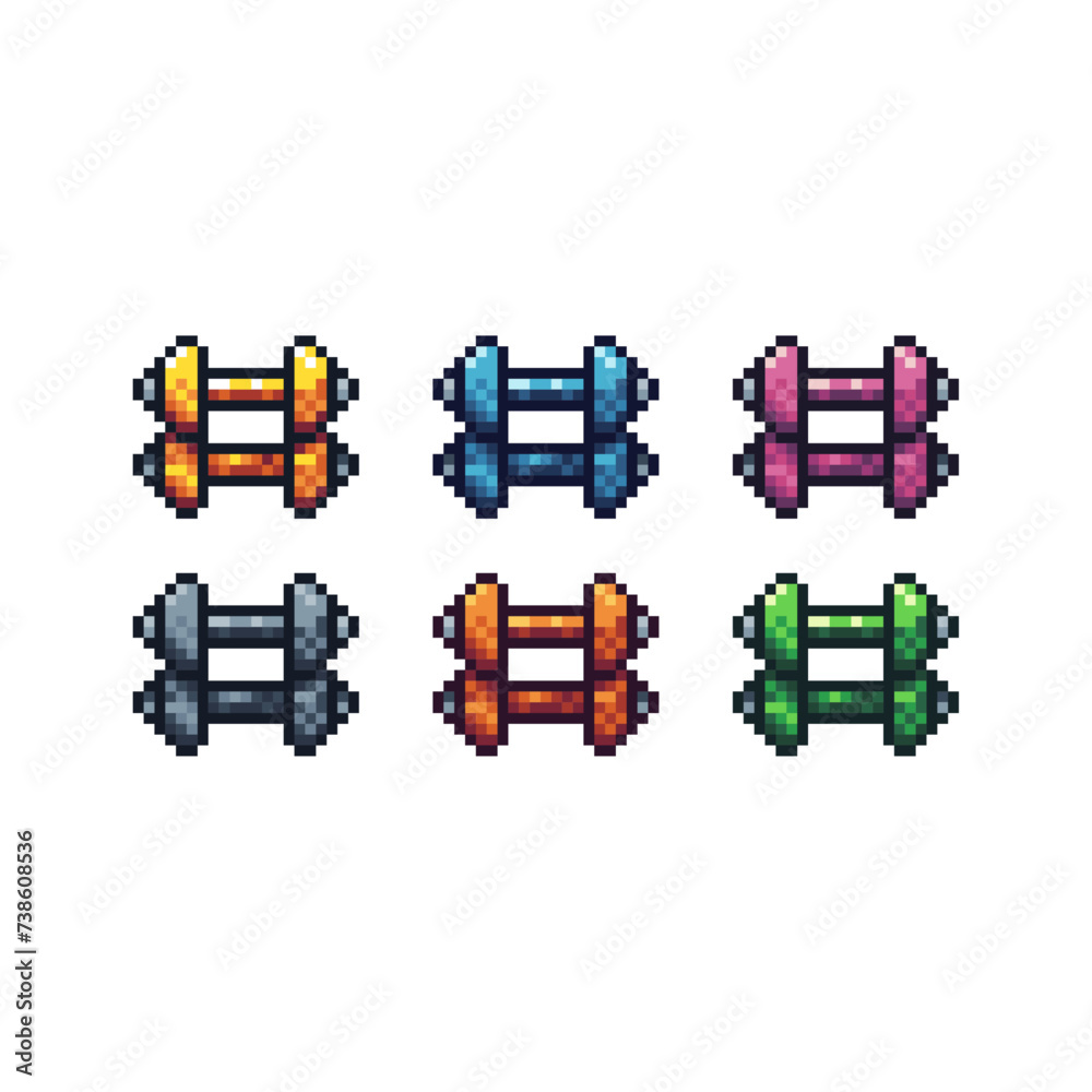 Poster pixel art sets icon of two barbell in variation color. two barbell icon on pixelated style. 8bits pe