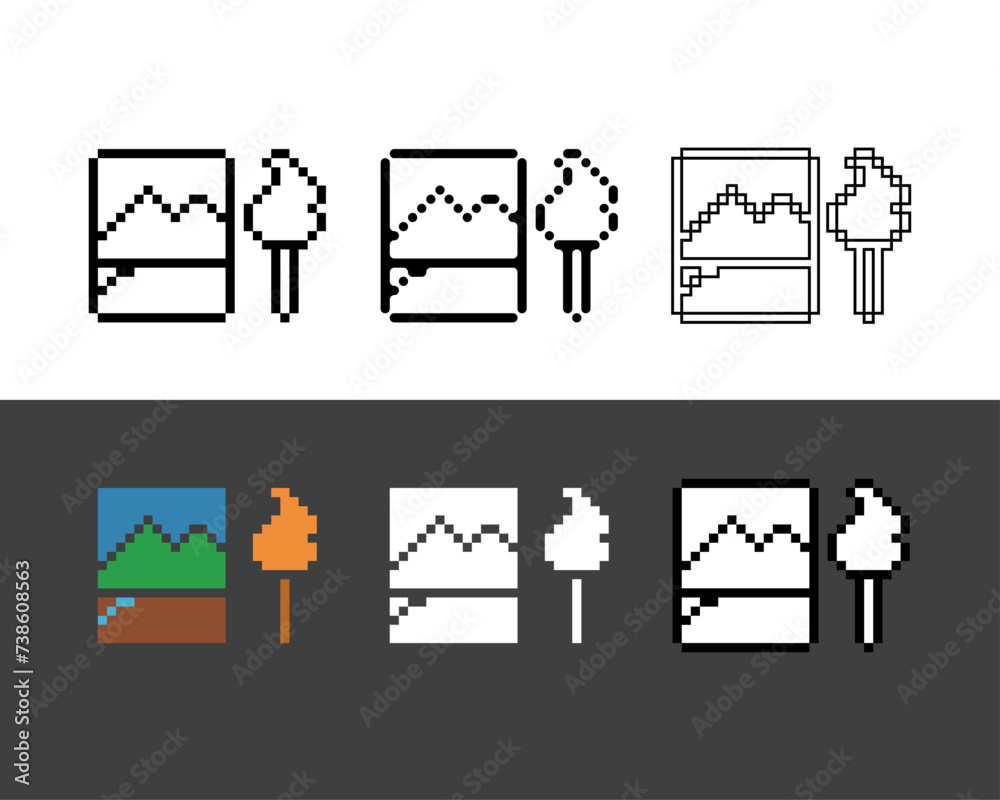 Poster pixel art outline sets icon of painter brush in variation color. paint icon on pixelated style. 8bit