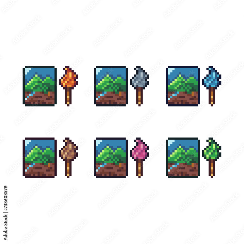 Poster pixel art sets icon of painter brush in variation color. painting icon on pixelated style. 8bits per