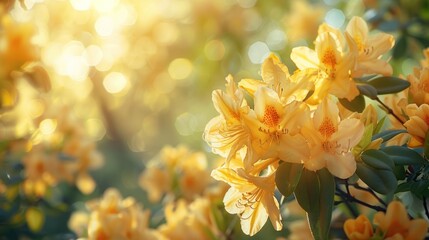 Beautiful bright background of a summer garden with a flowering yellow rhododendron bush