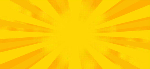 yellow comic background with sun burst and dot halftone. Cartoon funny retro pattern strip mock up. Vector halftone illustration. Vintage backdrop for comic superhero text, speech bubble, message.